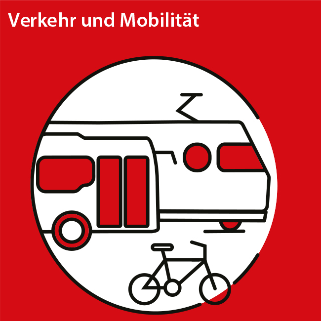 Stilisiertes Icon für das Handlungsfeld 4 Verkehr und Mobilität mit einem Zug, einem Bus und einem Fahrrad. 