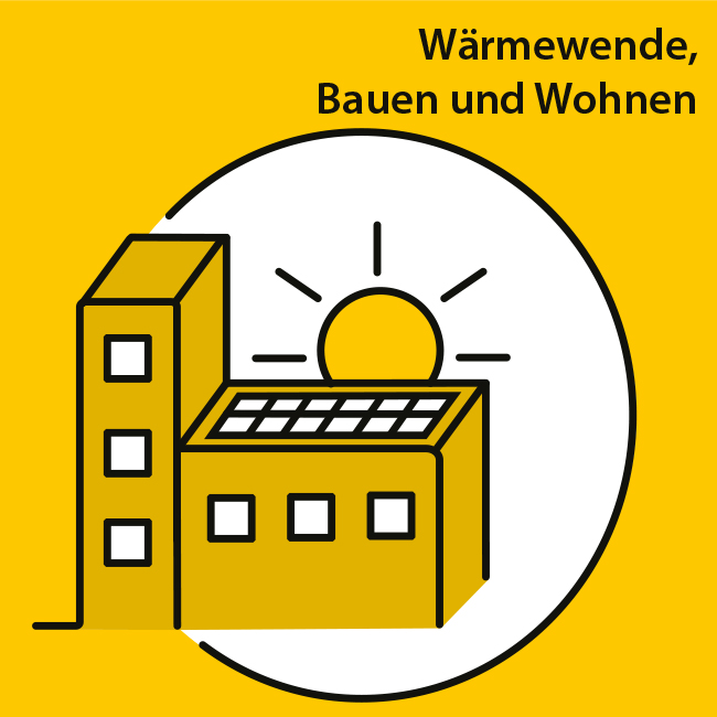 Stilisiertes Icon für das Handlungsfeld 3 Wärmewende, Bauen, Wohnen 2 Wohnhaus mit Solardach und einer strahlenden Sonne.